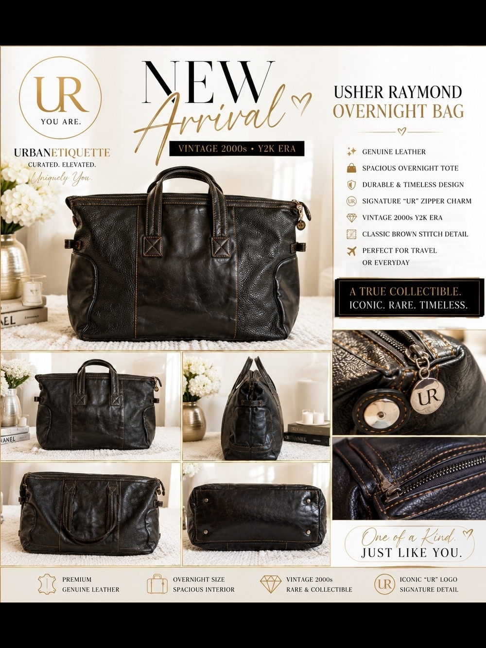 Usher Raymond Black Leather Travel Overnight Bag